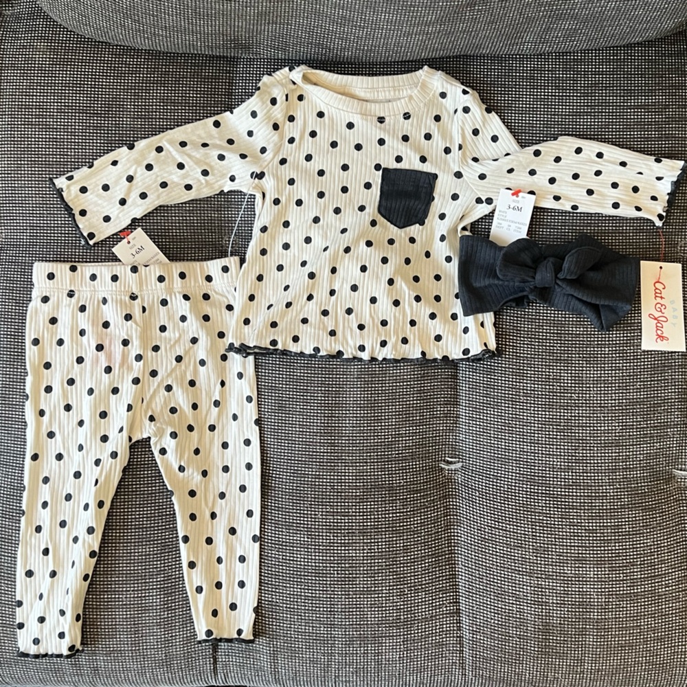 Cat & Jack 3 piece baby girl outfit 3-6mo - long sleeve top, pants, headband